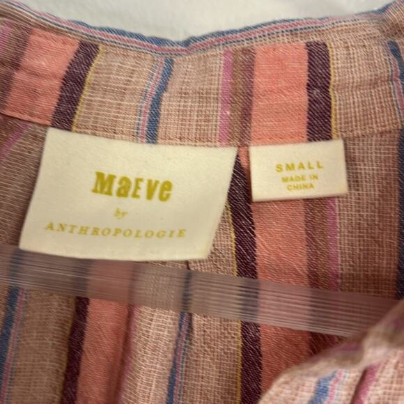 Maeve Small | Linen Cotton Button Down | Striped Pink Peach Blue | Anthropologie - Picture 6 of 10